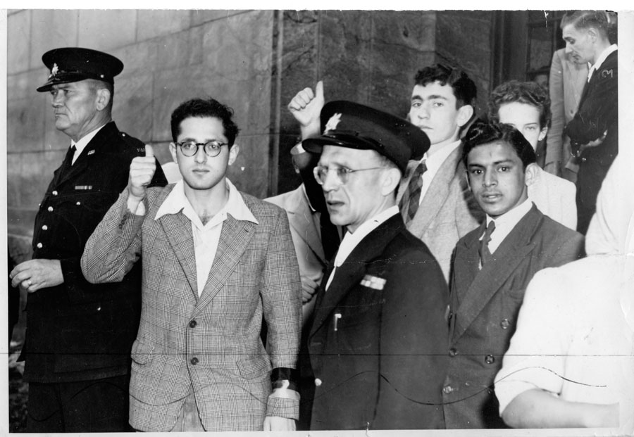 Albie (with tie) being arrested with Hymie Rochman and Mary Butcher after sitting on seats marked ‘Non-Whites Only’ at the Cape Town General Post Office.