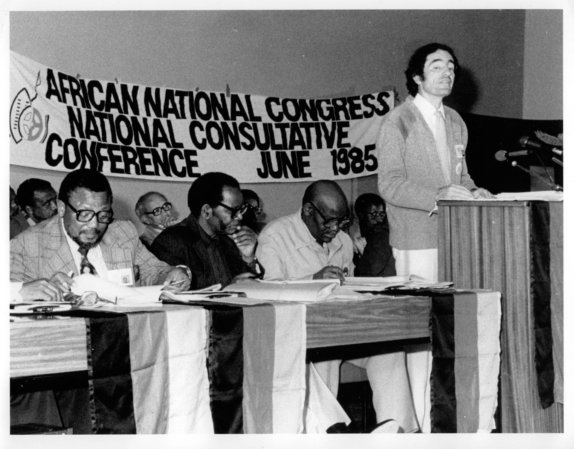 Albie presenting the ANC Code of Conduct, which he describes as the most important legal document written in his life, at the 1985 African National Congress Consultative Conference in Kabwe, Zambia.