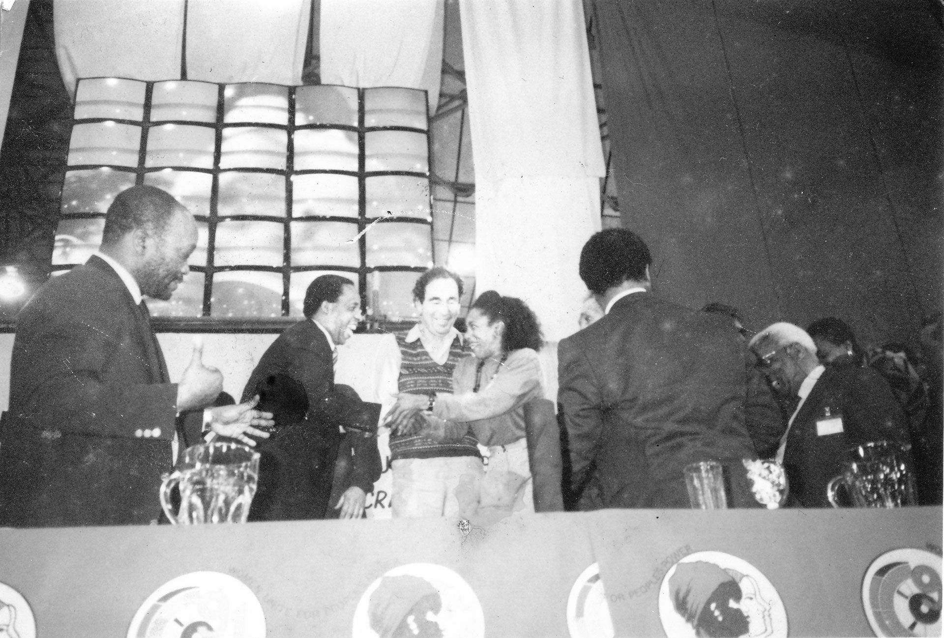 Albie at the University of Durban Westville at the first general meeting at the ANC on home soil. Also pictured are Chris Hani shaking hands with Cheryl Carolus, Jacob Zuma on left and Walter Sisulu on the right.