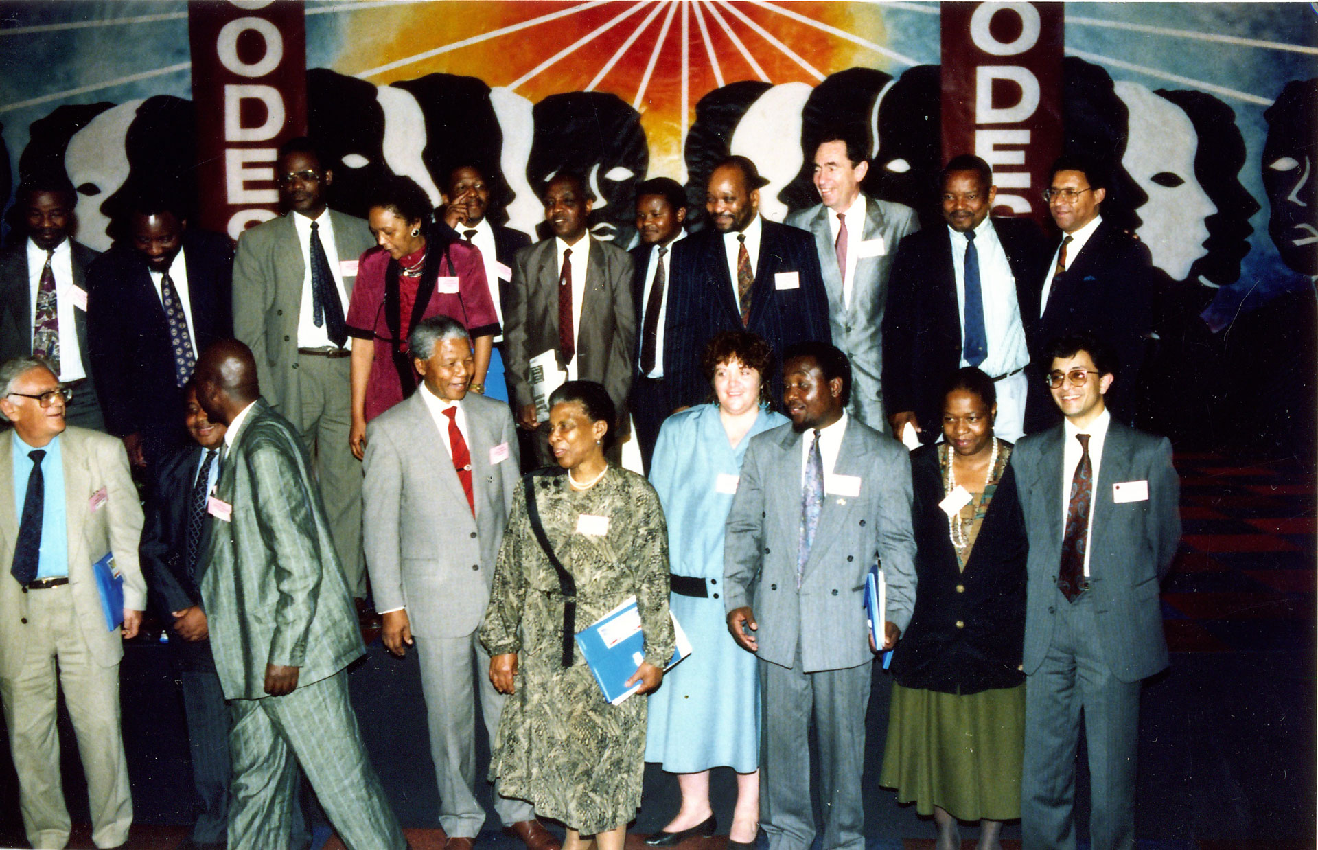 Members of the negotiating team at CODESA meeting in Kempton Park, including Nelson Mandela, Jacob Zuma, Alan Boesak, Joe Nhlanhla, Barbara Masekela, Zola Skwewiya, Joe Slovo, Gertrude Shlope, Marian Spog, Bridgitte Mabandla, Valley Moosa and Sakkie Macozoma.