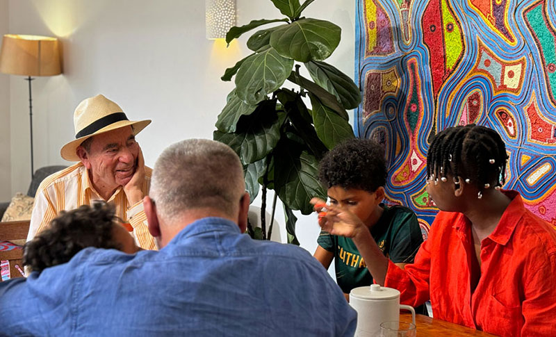 Albie, son Michael Sachs and family: Gadi Magagane, Mahlasedi Sachs and Lewatle Sachs in conversation at home of Michael and Gadi, Joburg.